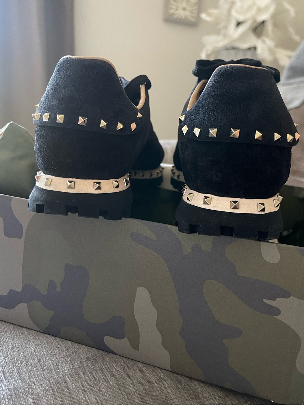 Valentino womens Black Rockrunner Studded Leather & Suede Sneaker - Picture 6 of 10
